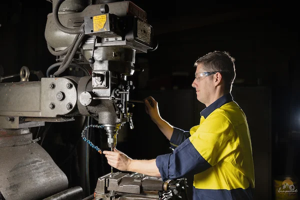 Fitter & turner wearing PPE, using a drilling machine on engineering parts.