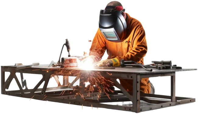 Decorative element of a person wearing full PPE while welding on a workbench